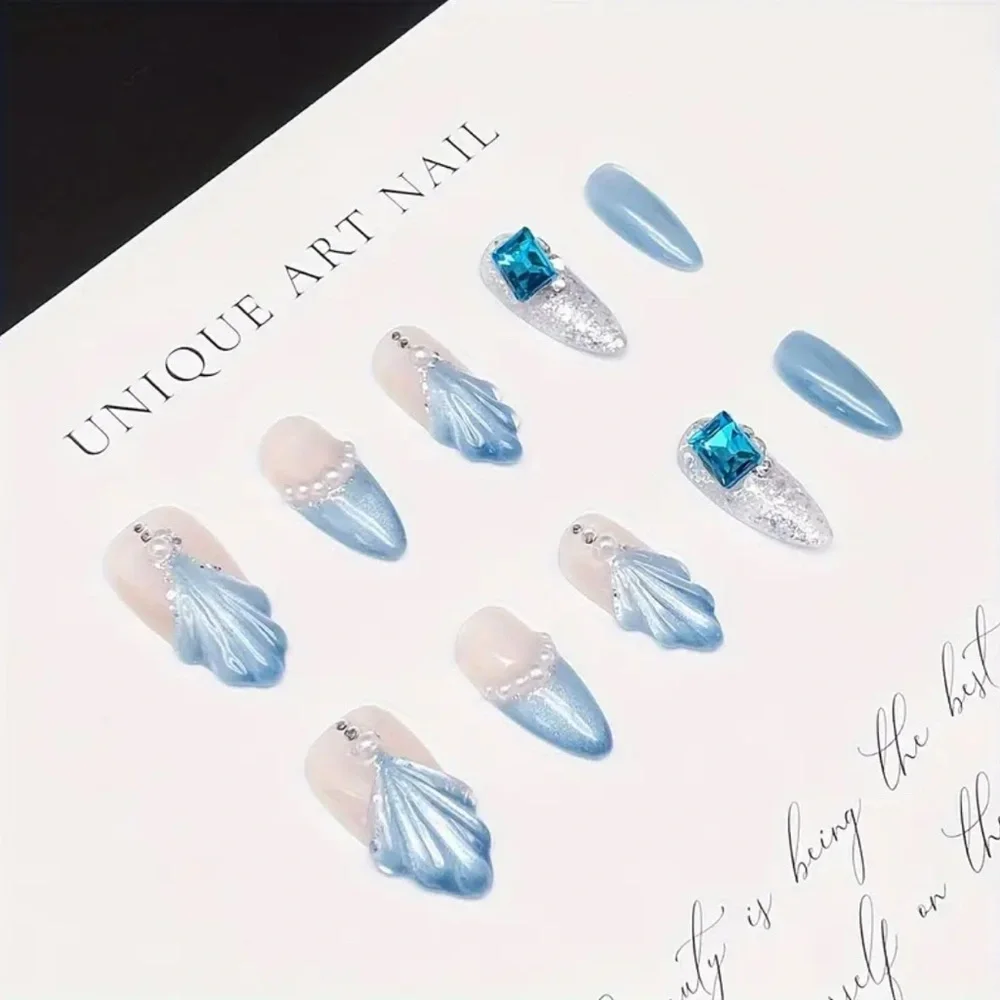 New Hamdmade Blue & Silver 3-D Acrylic Nail Art Set Medium 10 pc set Reusable